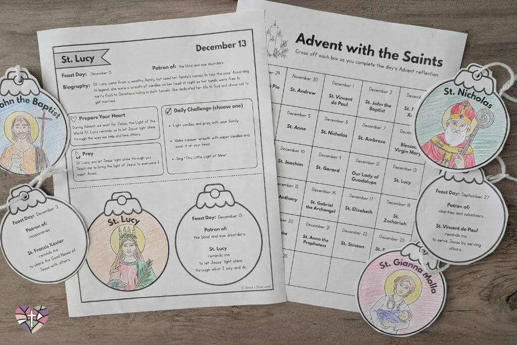 catholic advent calendar with the saints and printable christmas ornaments